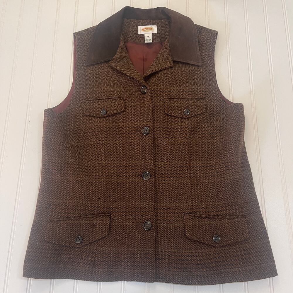 Vintage Talbots Houndstooth Lambswool Vest Suede Collar Made USA Womens Medium